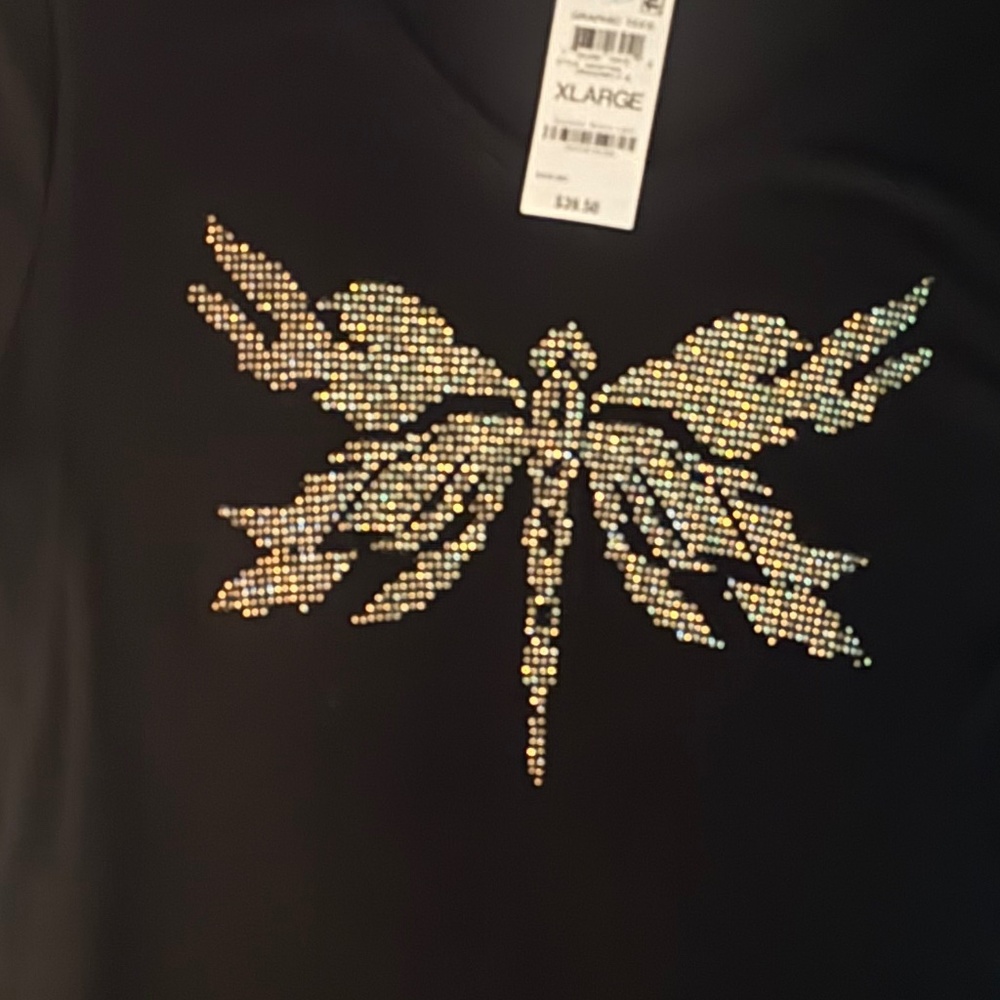 INC, XL, soft, Graphic, black t-shirt with gold beaded dragonfly